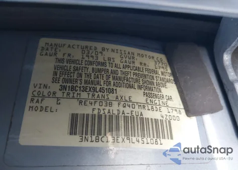 2009 Nissan Versa 1.8S из США, поврежденный, VIN 3N1BC13EX9L451081